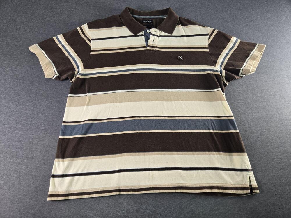 Marc Ecko Polo Shirt Mens XL Brown Beige Striped Cut & Sew Short Sleeve Casual